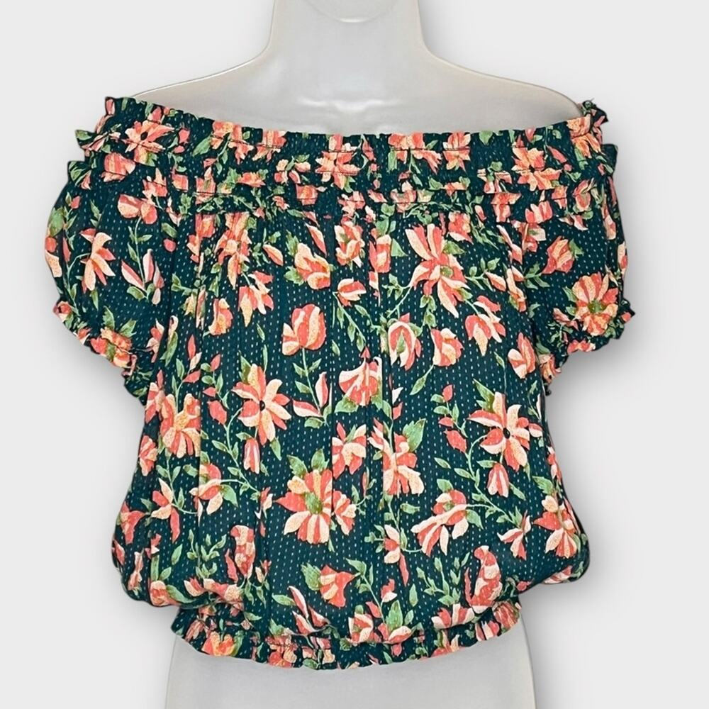 FREE PEOPLE suki floral off the shoulder top green pink size small casual summer - Picture 2 of 8
